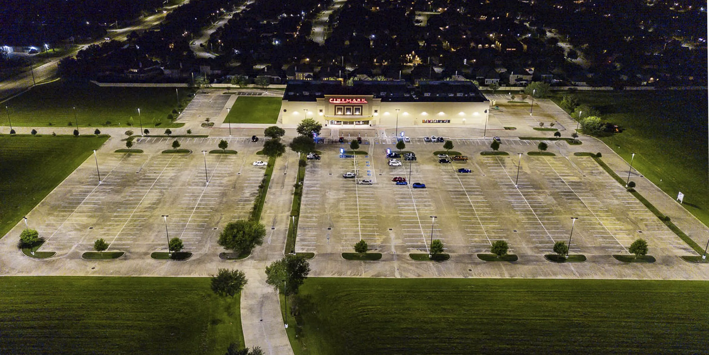 Aerial night view of Brazos Town Center after the LED upgrade