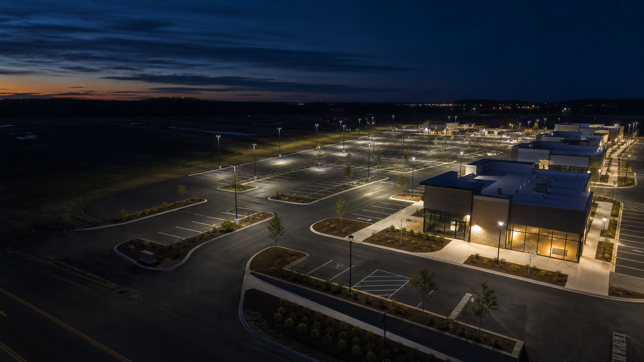 New construction retail plaza illuminated by LED parking-lot lighting at blue hour