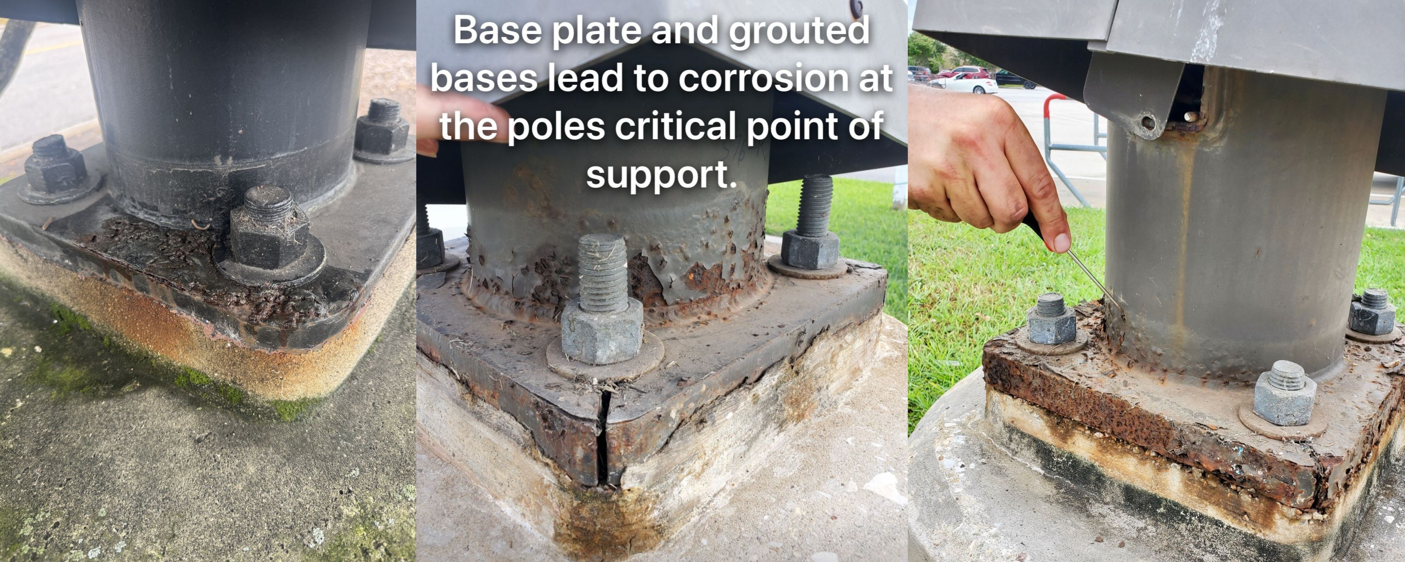 Person pointing out corrosion on a light pole base